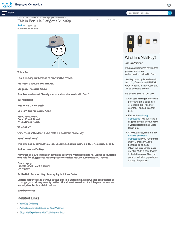 This is Bob. He just got a YubiKey - Full article from Cisco Employee Connection
