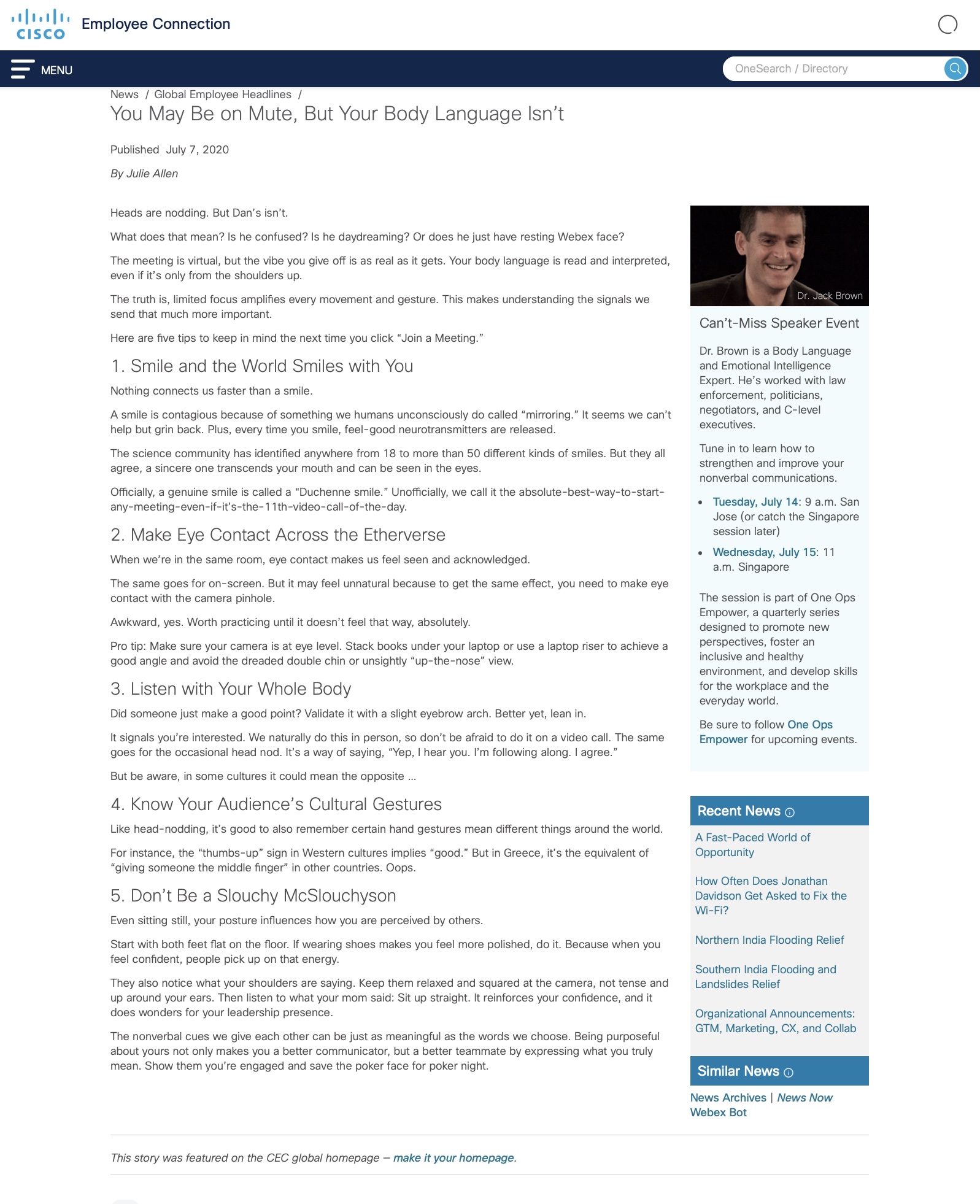 You May Be on Mute, But Your Body Language Isn't - Full article from Cisco Employee Connection