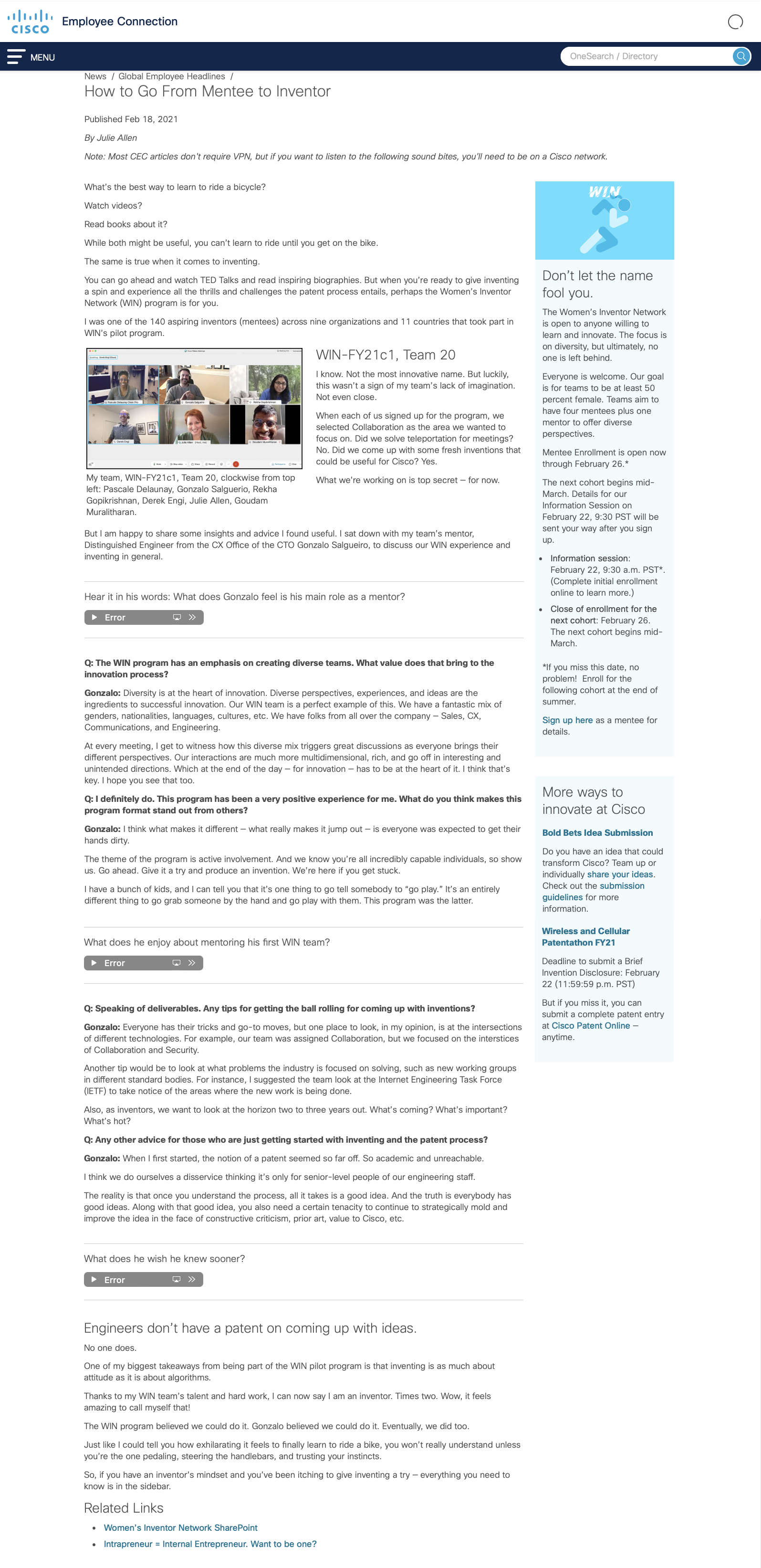 How to Go From Mentee to Inventor - Full article from Cisco Employee Connection